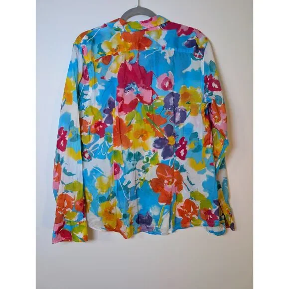 Lauren Ralph Lauren Floral Button Up Shirt 16 Cotton Sheer Spring Bloom - Picture 4 of 8